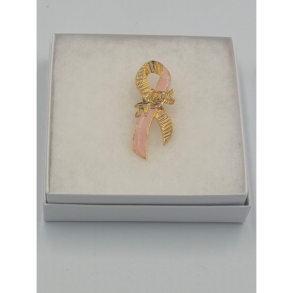 Avon Breast Cancer Awareness Pin Pink Ribbon Gold Tone Rose Brooch 1993